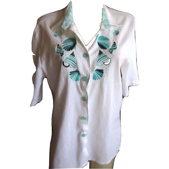 Vtg Koret Francisca Petites Shirt Aqua Seashell Embroidery Beach Mom Size PXL - Picture 3 of 5